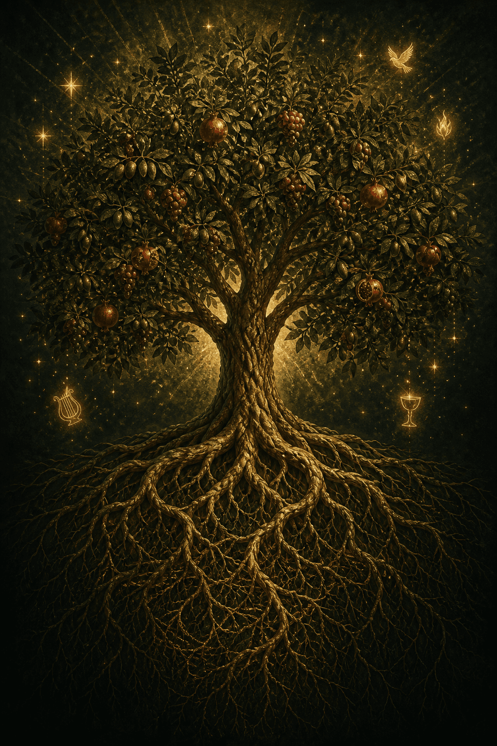 A deeply rooted fruit-bearing tree, representing spiritual character and maturity