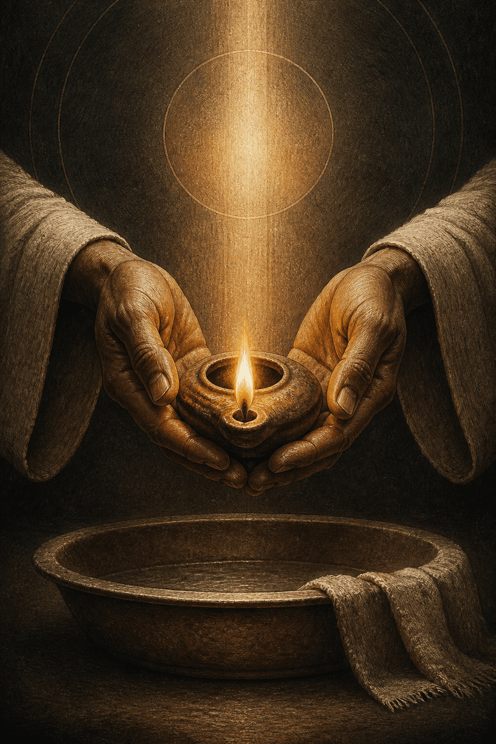 Hands presenting a lamp above a servant basin, representing humble kingdom service