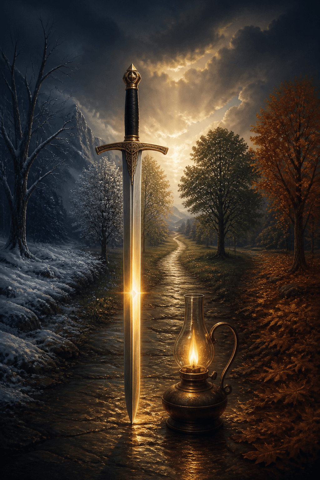 A luminous sword and lamp beside a path through changing seasons