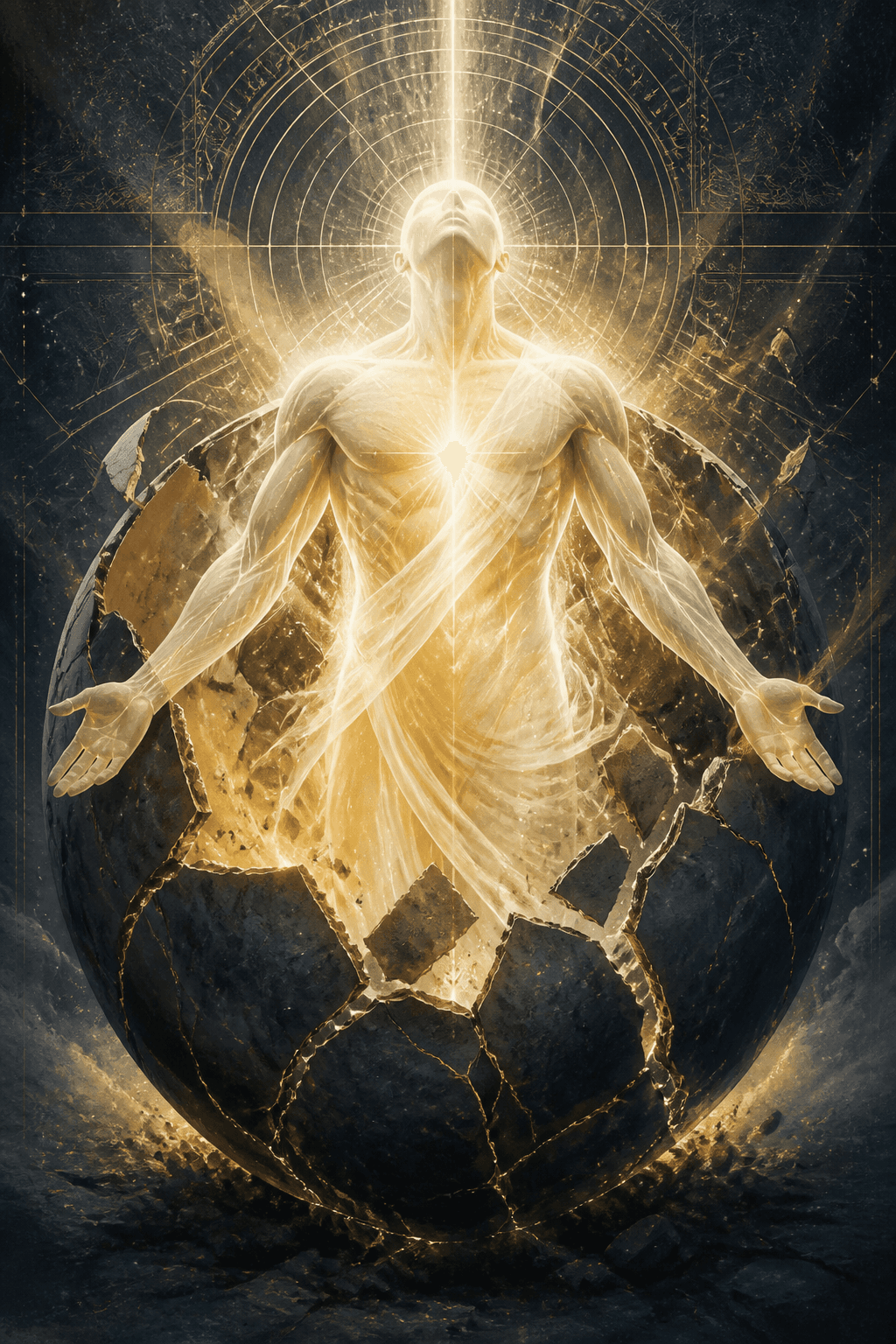 A radiant new figure emerging from a fractured former shell