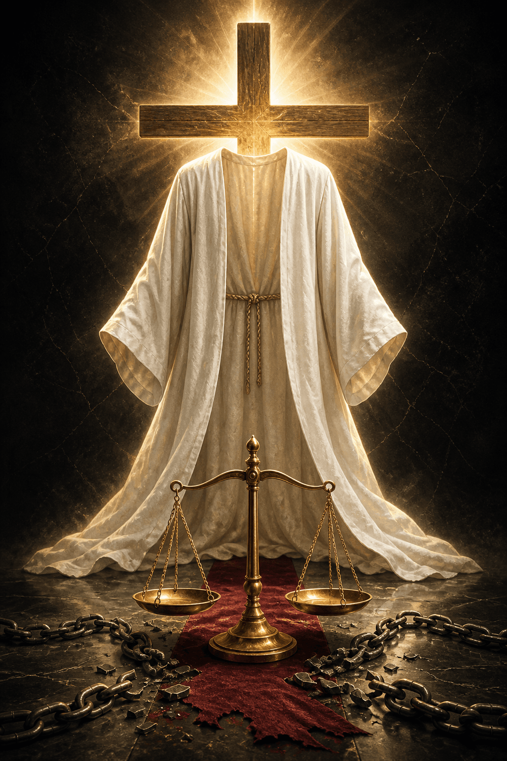 A white robe, cross, balanced scales and broken chains