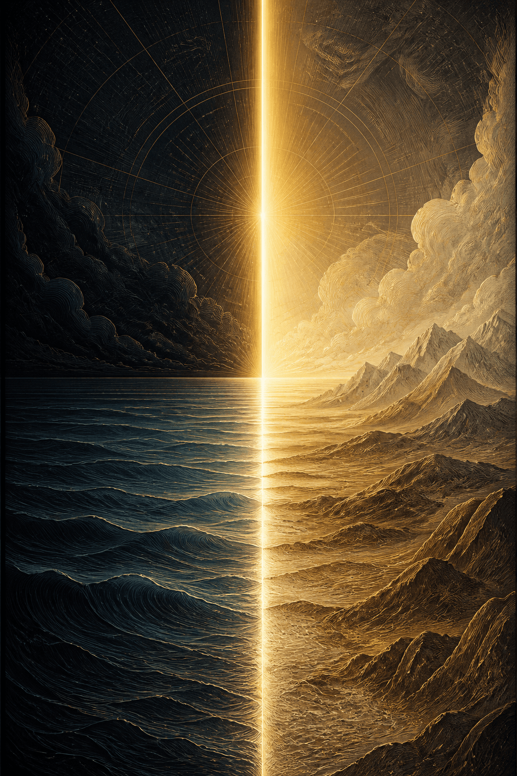 A line of light dividing a formless world into ordered land and water