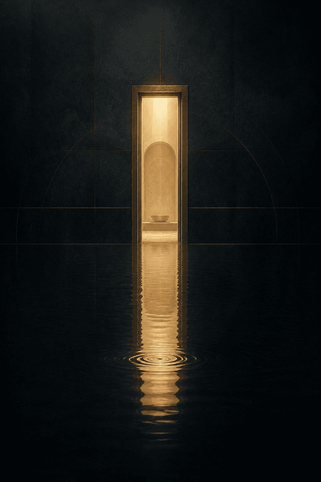 A quiet doorway of golden light reflected on still water