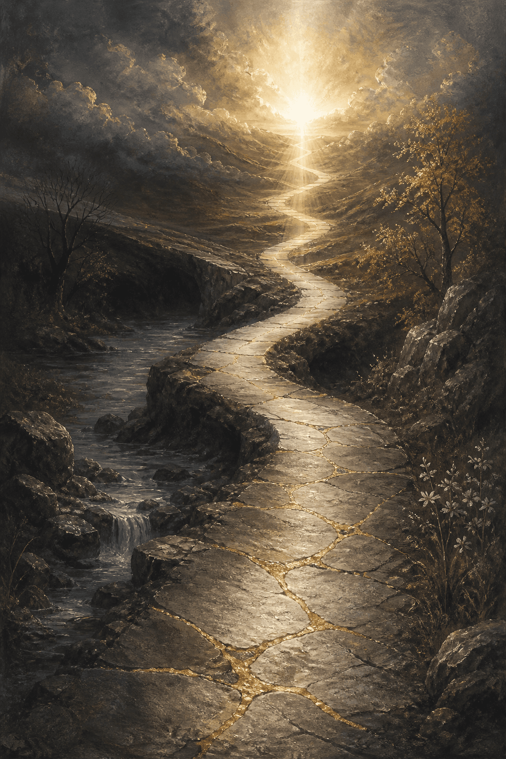 A repaired golden path rising through darkness toward light