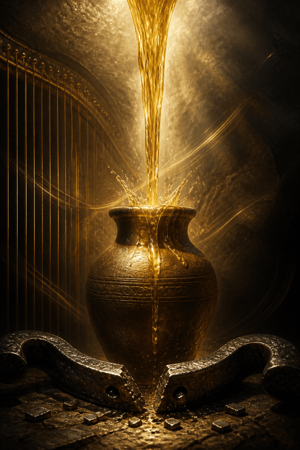 Anointing oil filling a vessel above a broken iron yoke