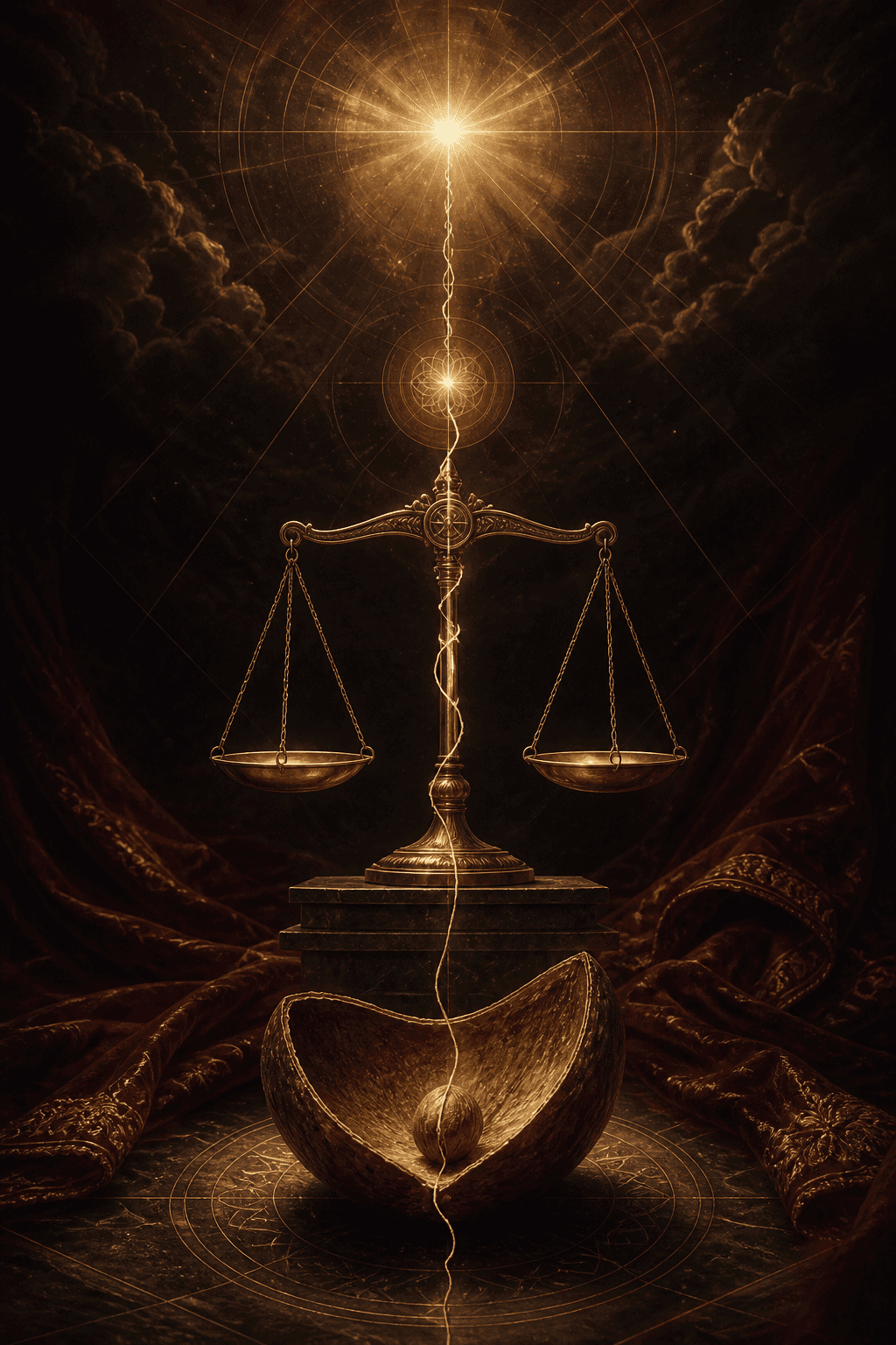 A golden thread joining a surrendered vessel, balanced scales and radiant purpose