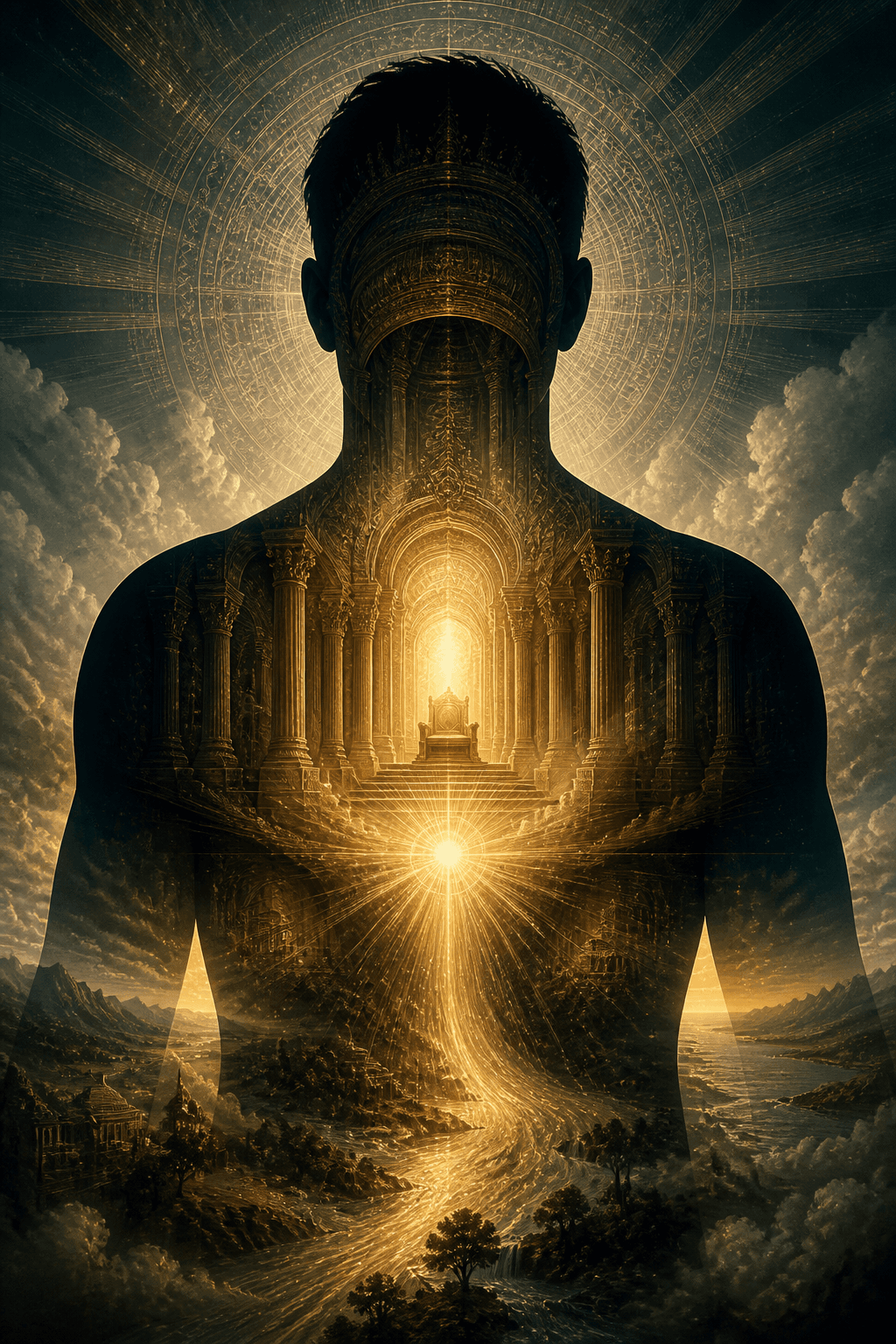 A radiant temple and throne revealed within a human silhouette