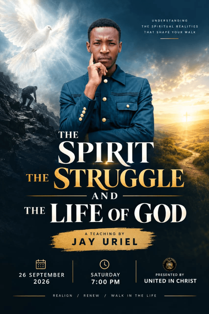 The Spirit, the Struggle, and the Life of God teaching series cover featuring Prophet Jay Uriel with a descending dove and cross against dawn light