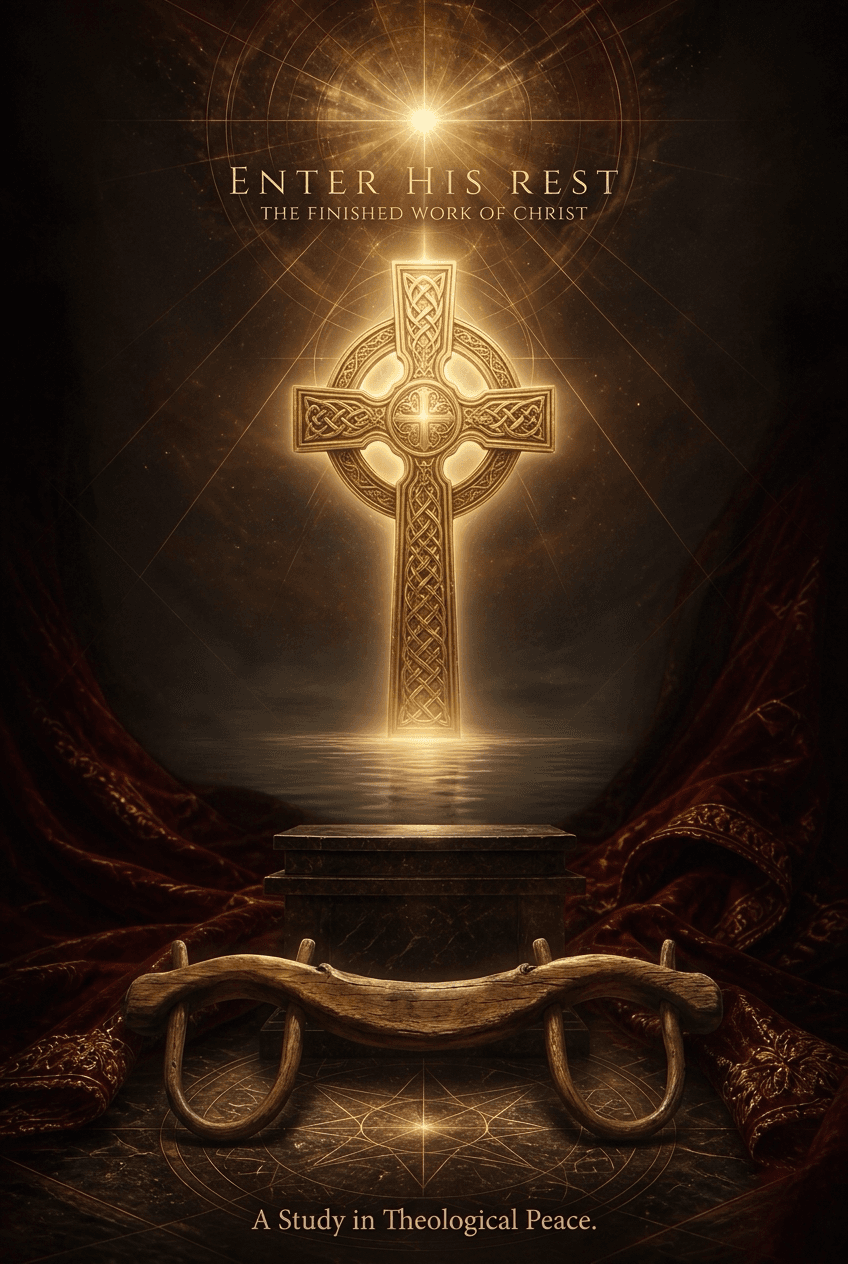 A victorious golden Celtic cross above tranquil waters with an unyoked wooden beam, representing the finished work of Christ