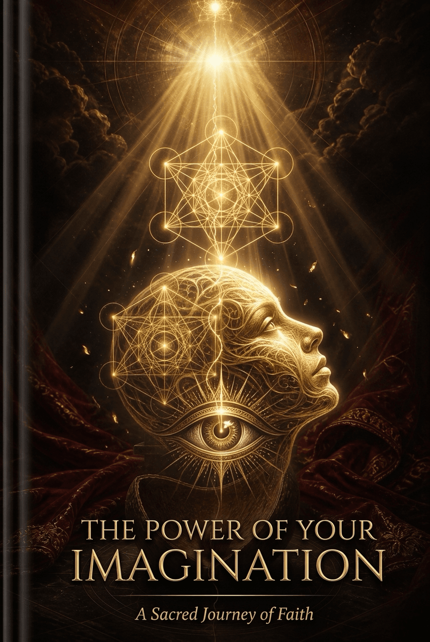 A celestial eye and illuminated golden human profile beholding divine light, representing the spiritual power of imagination