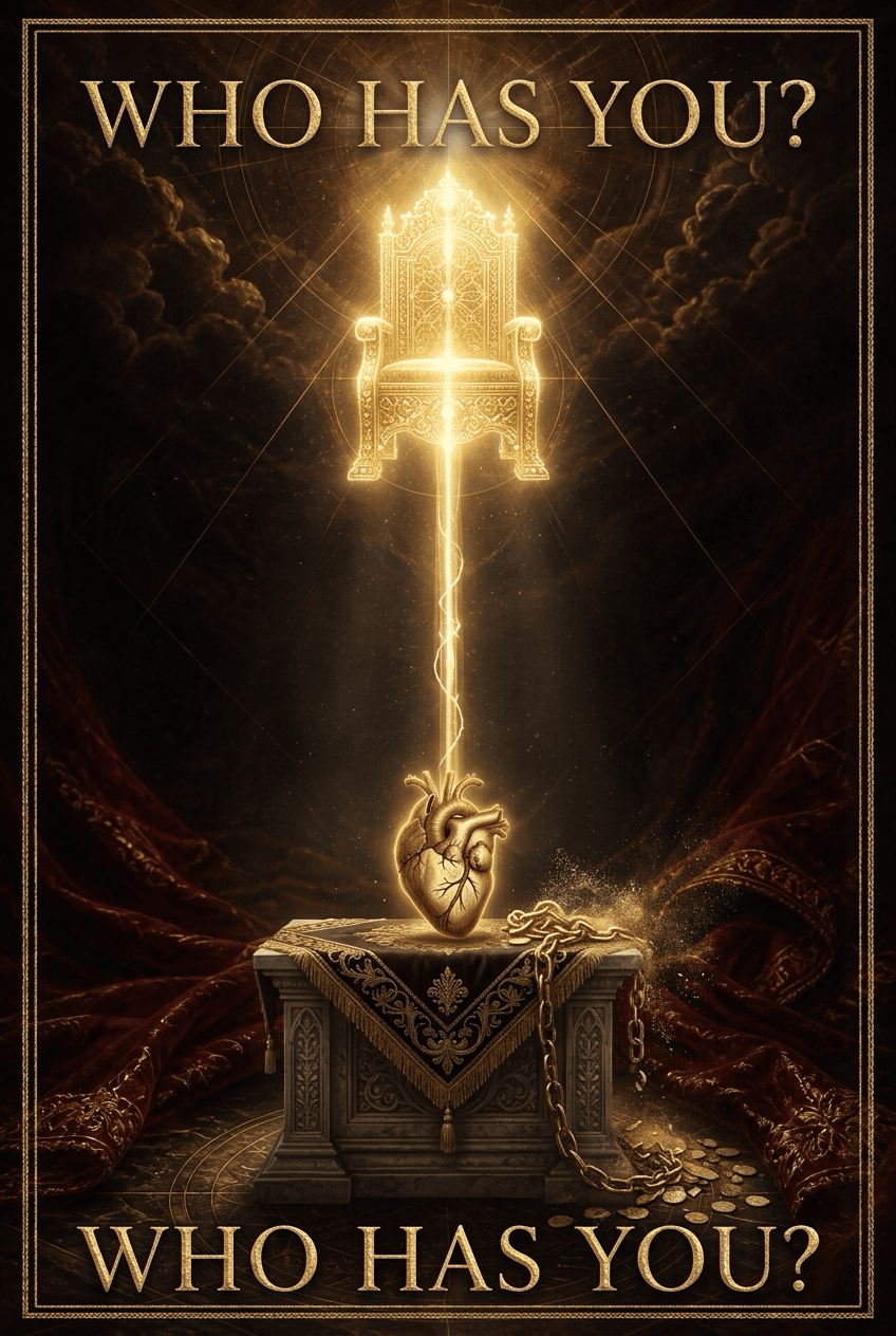 A glowing heavenly throne with a surrendered heart and broken chains, representing the lordship of Christ